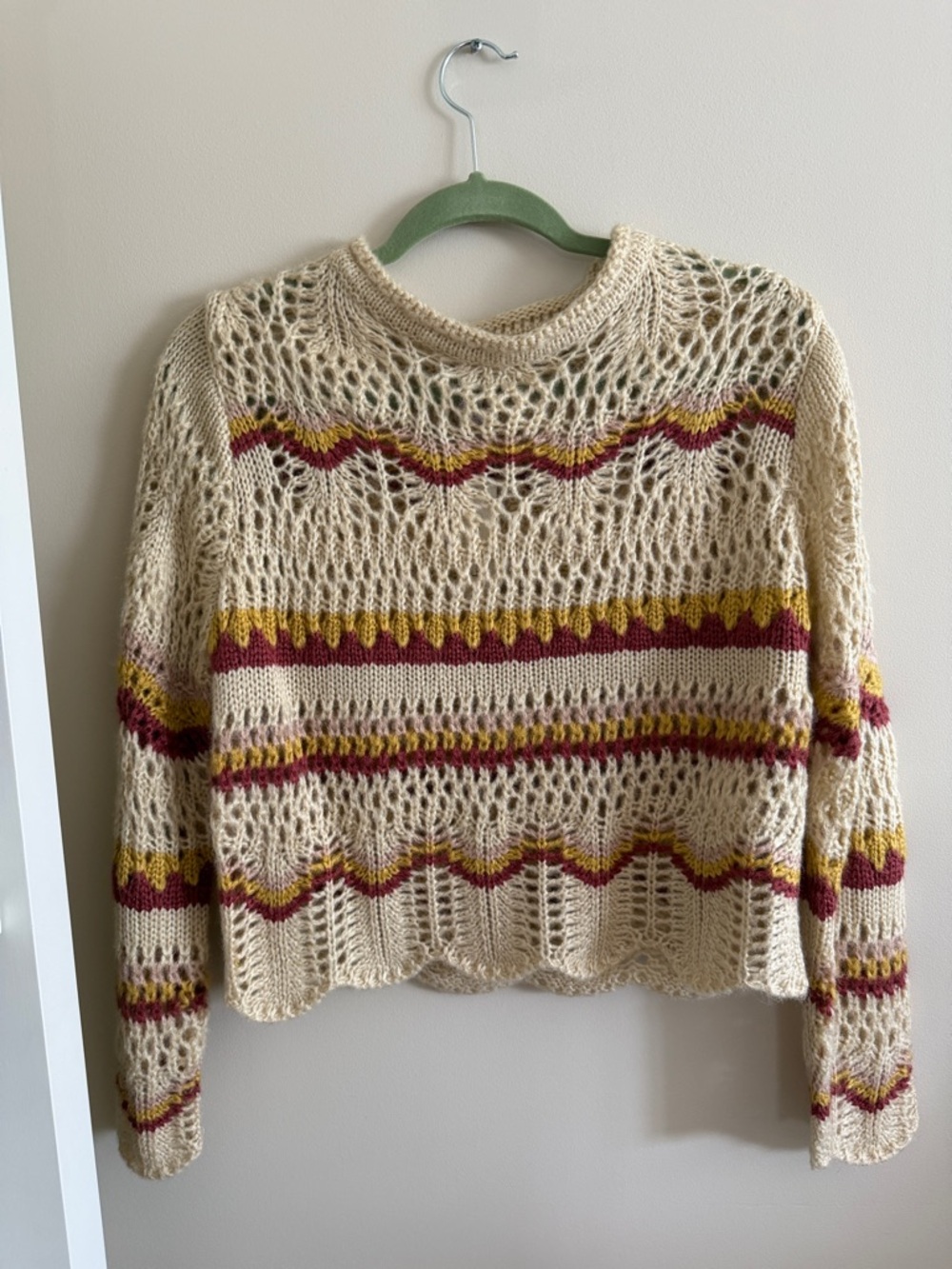 Alya Open-Knit Cream Crew Sweater with Mustard & Burgundy Stripes